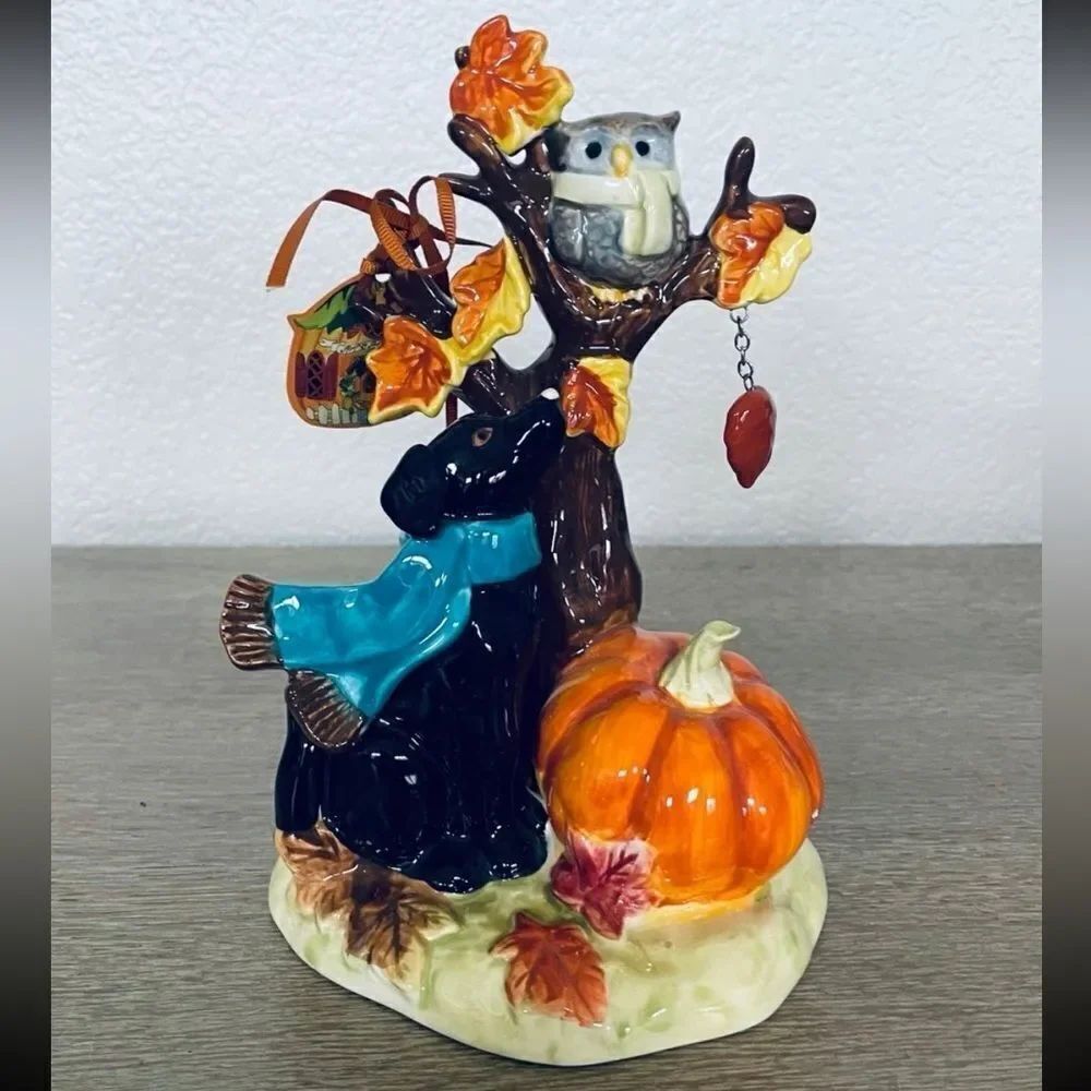 Blue Sky Clayworks Black Lab Dog Fall Halloween Owl Tree Ceramic Decor
